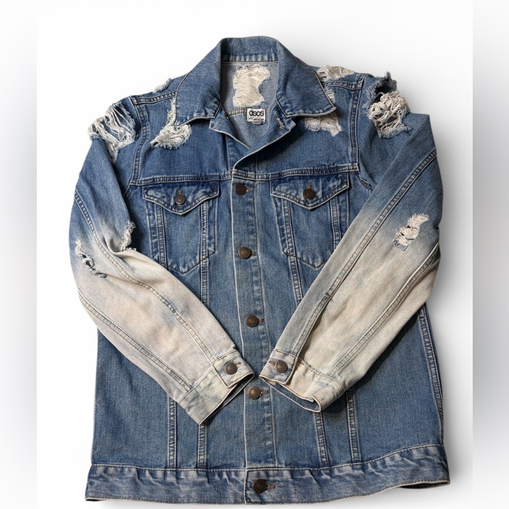 EUC Grunge Distressed ASOS Blue Women's Denim Jacket Size 6